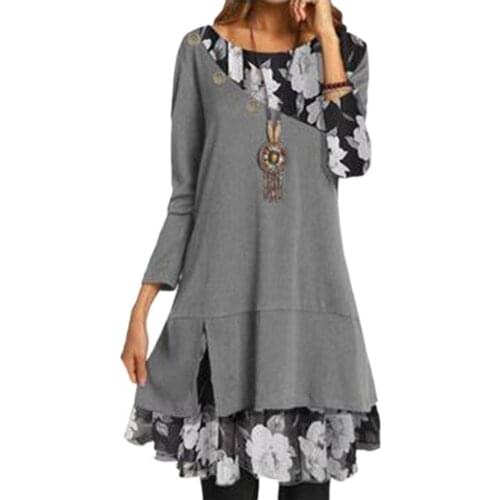 Loose Dress Flower Print Patchwork Women Round Neck Long Sleeve Dress for Dating платье летнее женское2021