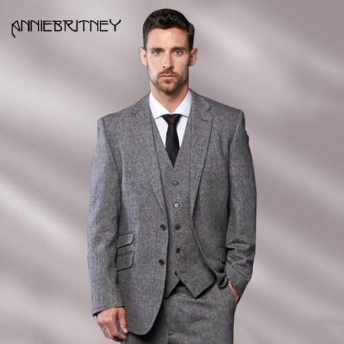 Retro 2018 Winter Mens Suits Wedding Grey Tweed Groom Tuxedos Slim Fit Male Blazers Jacket Groomsmen Mens Classic Suits 3 Piece