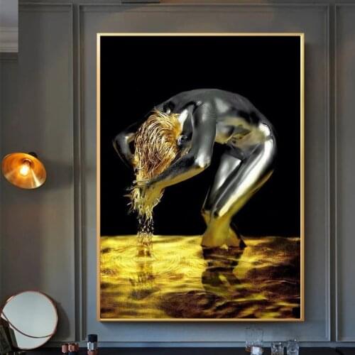 Golden Liquid Shampoo Black Nude Female Canvas Art Poster Printed Scandinavian Modern Furniture Living Room Wall Painting