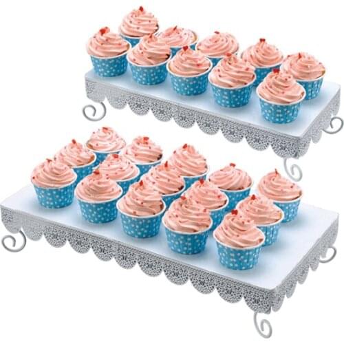 2Pcs/set White Cake Stands Rectangle Metal Cupcake Display Tray for Wedding Kids Birthday Dessert Table Food Cake Decorating