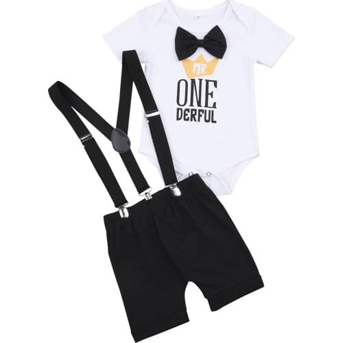 2021 6-18M Gentleman Infant Baby Boy Clothing Bow Tie Letter Print Short Sleeve Romper+Suspender Shorts Kids 2pcs For Summer