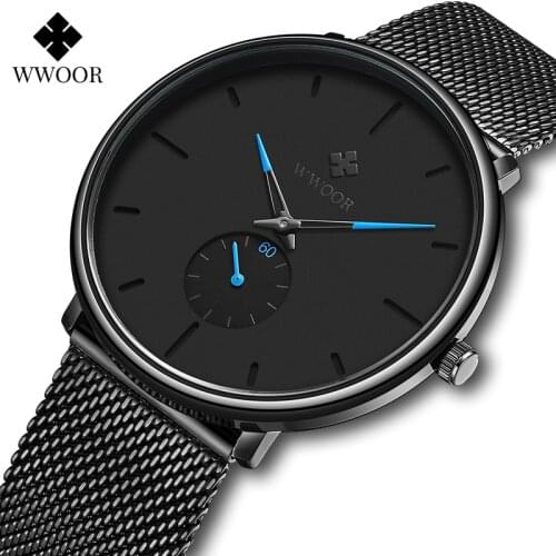 WWOOR New Fashion Mens Watches Top Brand Luxury Quartz Watch Men Casual Slim Mesh Steel Waterproof Sport Watch Relogio Masculino