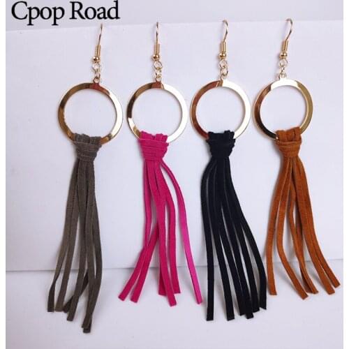 Cpop Handmade Genuine Leather Tassel Earrings Gold Circle Pendant Dangle Earrings Fashion Bridesmaid Jewelry Women Accessories