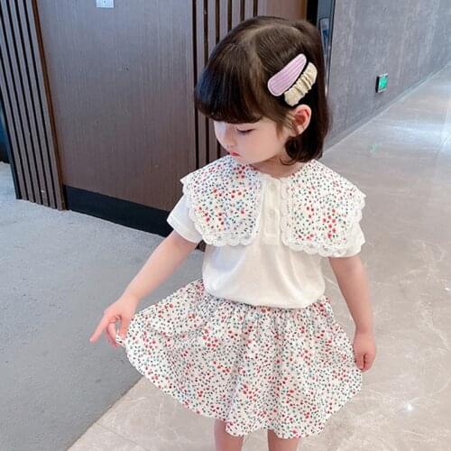 Kids Clothes 2021 Summer Girls Clothing Sets Short Sleeve Turn Down Collar T-shirt+Floral Skirt Korean Fashion Two Piece Outfit