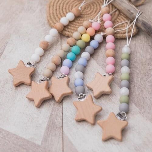 Baby Teether Teething Chain Baby Pacifier Chain Star Wood Clips Dummy Pacifier Clips Silicone Beads Gift for Newborn Baby Boy