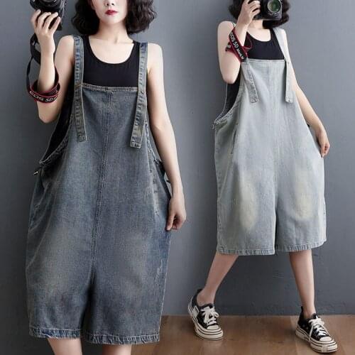 Denim Jumpsuit Overall Short For Women 2021 Summer Korean Loose Jeans High Waist Suspenders Wide Leg Five-Point Pants zh1370