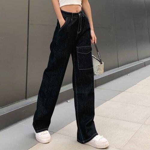 Women Fall Pantalones Cargo Jeans Vintage High Waisted Black Jeans Y2k Straight Leg Pant Women Fashion Big Pocket Baggy Trousers