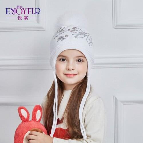 ENJOYFUR Children Winter Hats With Real Fox Fur Pom Pom Girl Knitted Rhinestones Caps For Autumns