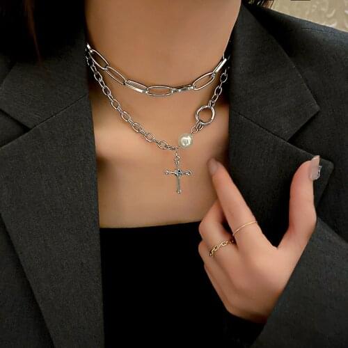 FYUAN Korean Double Chain Choker Necklaces for Women Cross Pendant Necklaces Statement Jewelry