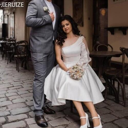 JIERUIZE Little White Wedding Dresses One Shoulder Single Long Sleeve Zipper Back Satin Short Bridal Dresses vestido de noiva