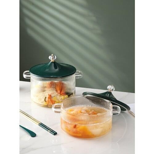 Nordic Transparent Glass Binaural Soup Pot 1.3L/2L Noodle Bowl Brings Ceramic Lid INS Dinnerware