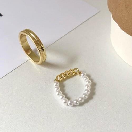 2pcs/set Gold Color Circle Beads Chain Rings for Women Girls Gift Fashion Gothic Jewelry
