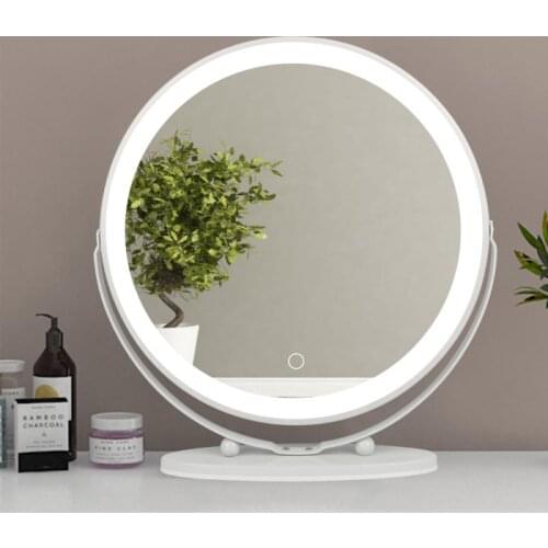 Round LED Makeup Mirror With Light Lamp With Storage Desktop Rotating Cosmetic Mirror Light Adjustable Dimming Vanity Mirror HWC