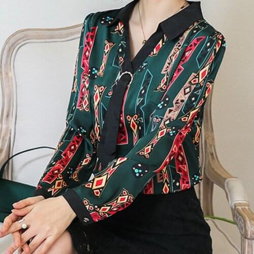 Manga comprida Chiffon mulheres blusa 2019 primavera nova impressAo costura tie trabalho blusa tops tamanho Grande estilo