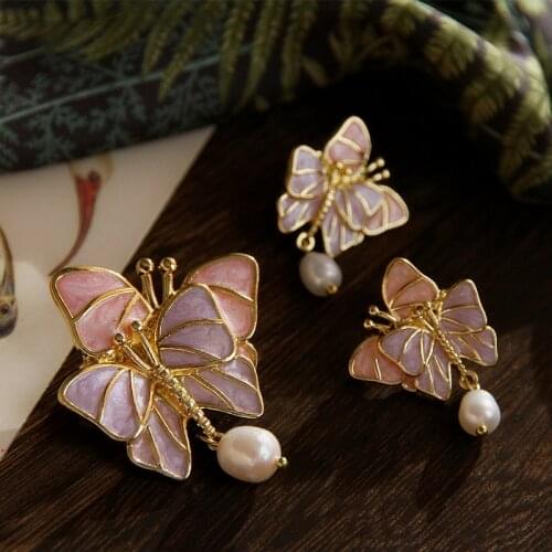 HUANZHI 2020 New Retro Colorful Drip Glaze Metal Butterfly Pearl Pendant Brooch for Women Girls Party Hot Jewelry Gifts