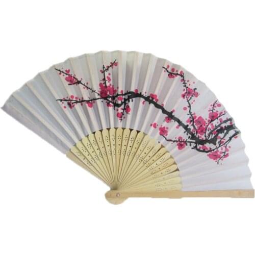 New Arrive Elegant Plum Blossom Flower Print Folding Hand Fans 2001 Designer White Polyester Fans Summer Women Girl Dancing Fan