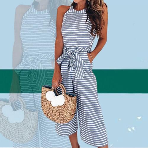 Ladies Summer Jumpsuit Women Sleeveless Striped Wide Leg Overalls Playsuits Waist Belt Zipper Back Rompers Culotte Outfits Pants