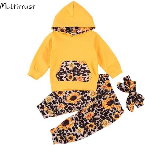 0-24M Toddler Baby Girl Autumn Clothing Set Leopard Sunflower Hoodies Top Long Pants Headband Outfits 3PCS Casual Girl Clothes