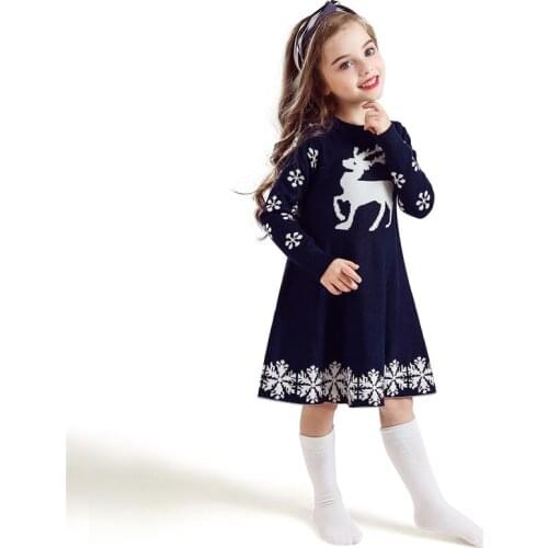 Xmas Party Dress for Girls 3-8y Christmas Holiday Girl Dresses Elk Knitted Sweater Autumn Winter Fall Sleeve New Year Costumes
