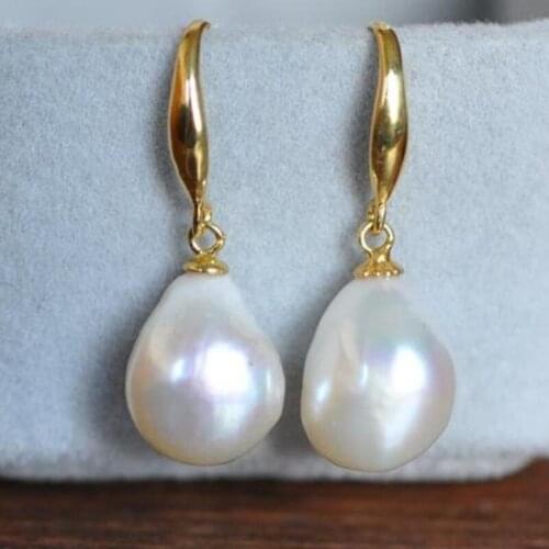 Stunning 12-13mm baroque white pearl earring14K/20