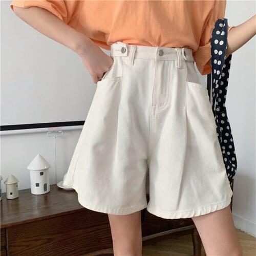 Shorts Womens Summer Wide Leg Cuffs Vintage Denim Korean Style High Waist Loose Hot Sale Pockets All-match Solid Fashion New