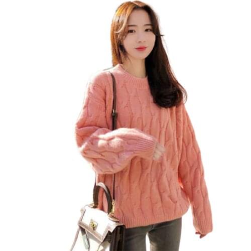 Autumn And Winter New Twist Sweater Women Thick Solid Color Stitching Loose Pullover Winter Comfortable Thick Sweater Vestidos