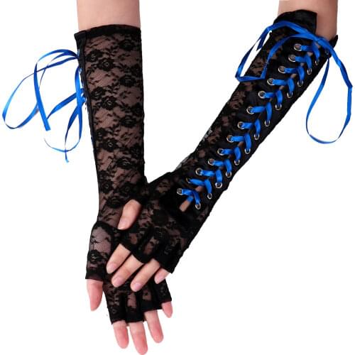 Party Dancing Gloves See Though Lace Bride Mittens Long Ribbon Straps Crisscross Tied Gloves Fingerless Wedding Glove for Women