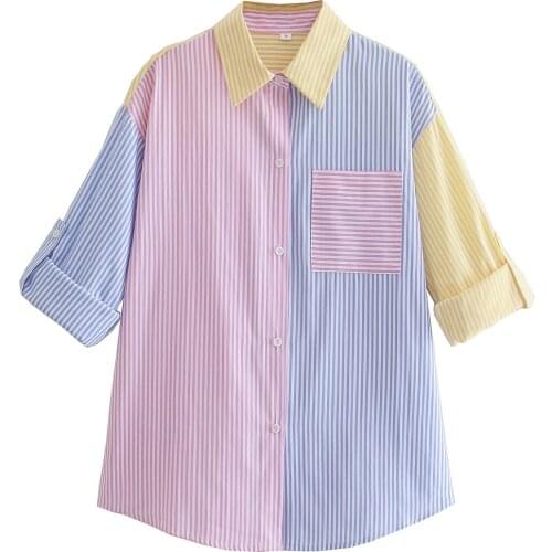 2021 Womens Fashion Contrast Sleeve Striped Shirt Office Buckle Casual Shirt Unique Pocket Decoration Color Matching Top