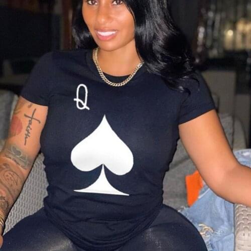 White Black Tshirts Summer Personality Spades Q Printed T-Shirt For Women Loose Comfortable Round Neck Short-Sleeved Tee Shirt