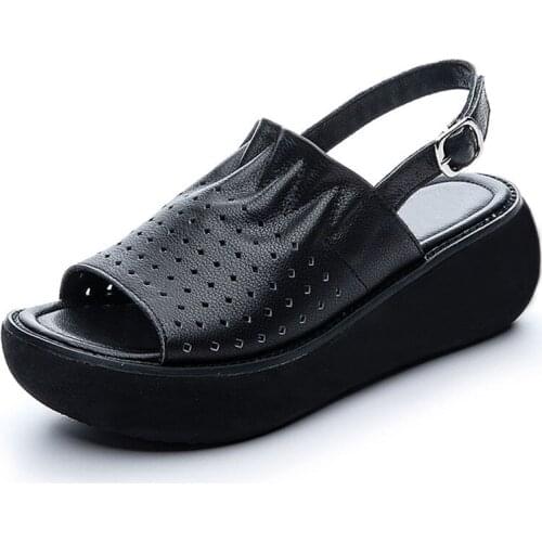 2021 New Concise Summer Wedges Sandals for Women Open Toe Shoes Genuine Leather Pleated Hollow High Heel Platform Sandals Female