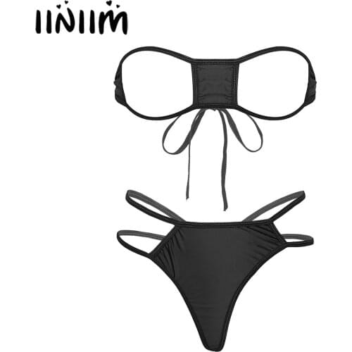 Womens Bikini Lingerie Costume Exotic Set Hollow Out Open Cup Sissy Nipples See-Through Lace-up Bra with Briefs Thong Underwear