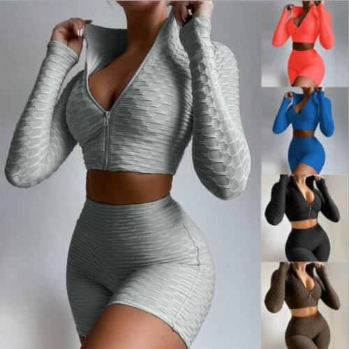 New 2-Piece Yoga Fitness Suit Women Solid Color Stand-Up Collar Long-Sleeved Nine-Point Top With Zipper + Shorts Sports Suit