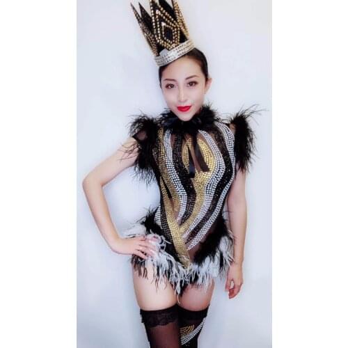 2019 Sparkly Rhinestones Black White Feather Mesh Bodysuit Leggings Nightclub Women Dance Performance Outfit Birthday Party Wear