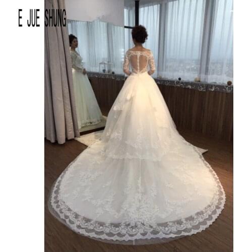 E JUE SHUNG Wedding Dresses Sexy Deep V Neck Long Sleeves Sheer Neck Appliques Vestido De Noiva Beaded Bridal Gowns long Train