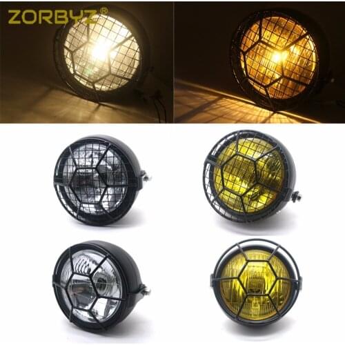 ZORBYZ Motorcycle Retro Metal 35W Front Headlight with Grill Side Mount Cover Mask For Harley Honda Cafe Racer Bobber Old School