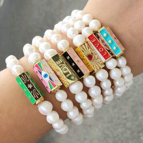5Pcs 2021 New Design colorful enamel pendant fresh water pearl handmade bracelet for woman fashion jewelry
