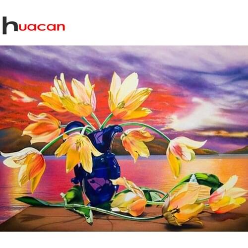 Huacan 5d Diamond Painting Flower Wall Decor Diamond Embroidery Mosaic Sunset Seaside Vase Crystal Hobby Gift