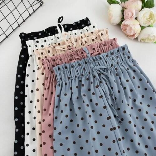 High waist wave dot flower bud pants womens plus size summer new style Korean loose straight casual nine-point wide-leg pants