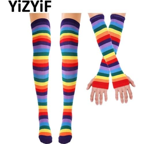 Women Colorful Rainbow Stockings Striped Knee Thigh High Arm Warmer Gloves Perfect for Halloween Costume Fun Party Cosplay