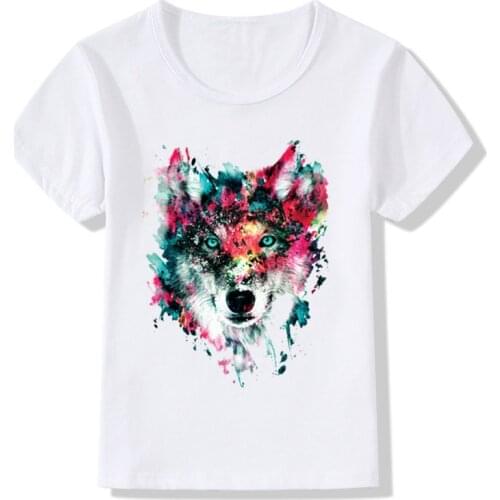Children Watercolor Wolf Print Funny T shirt Girls Boys Summer Tops Kids Clothes Casual Baby T-shirt