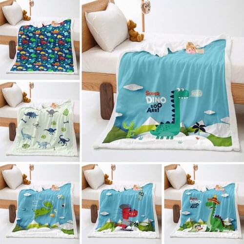 Dinosaur Plush Blanket Blue Dino Fleece Throw Blanket Bed Sofa Couch Cartoon Jungle Animals Pattern Sherpa Blanket Room Decor