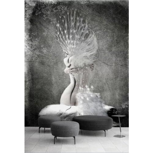 European creative nostalgia black and white peacock nude beauty back image 3D background wall decoration wallpaper murals