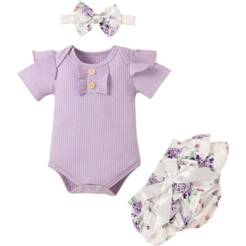 Baby Girls Clothes Set Solid Color Short Sleeve O-neck Romper+Floral Print Shorts+Bow-knot Headband