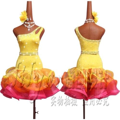 New Latin Dance Dress Competition Dress Costumes Skirt Performing Dress Adult Customize Children Light yellow Fishbone Skirtess