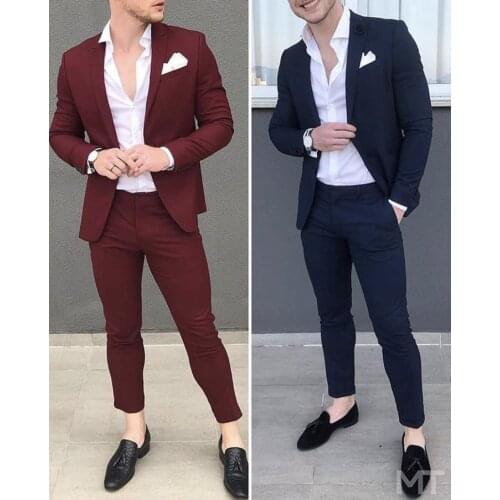 New Arrival Burgundry Navy Blue Fashion Costume Homme Wedding Suits Terno Masculino 2 Pieces Slim Fit Blazer (Jacket+Pant )