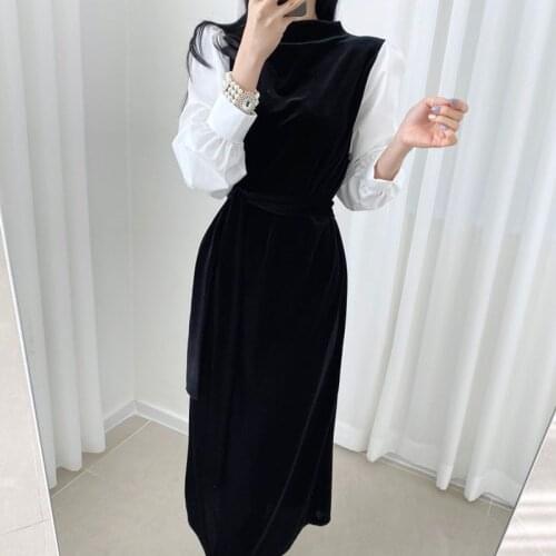 2021 Autumn Korean WomenS Dress Vintage Velvet Contrast Stitching Lace-Up Fake Two-Piece Dress Elegant Office Lady Casual Dress