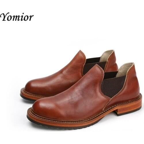 Yomior Autumn Vintage Handmade Luxury Brand Men Shoes High Quality Cow Leather Wedge Ankle Boots Dress Round Toe Chelsea Boots