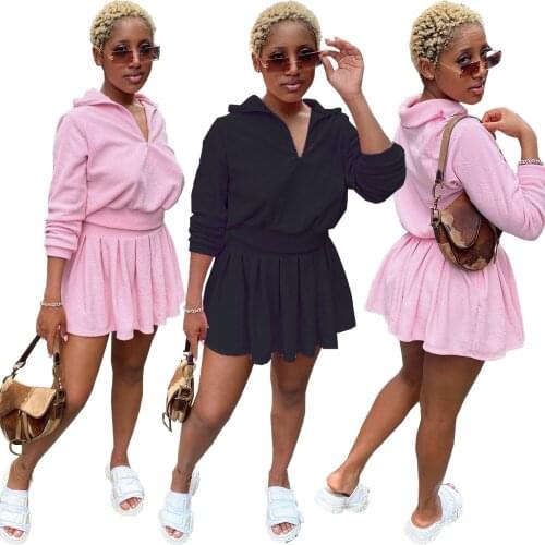 Echoine Fall Women Tennis Clothes Solid Pleated Mini Skirt Outfits Lapel Zipper Long Sleeve Crop Top Short Skirt Two-piece Set