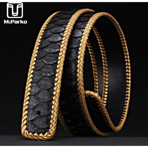 McParko Luxury Belt Men Genuine Leather PYTHON Belts without Buckle Fashion Weaving Braide Snakeskin Mens Waist Belts Blue Brown