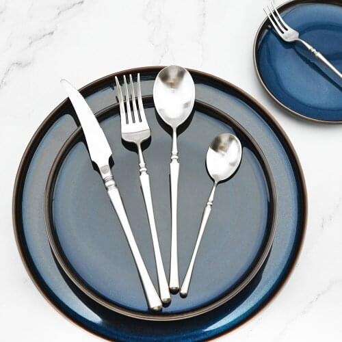 304 Stainless Steel Dinnerware Matte Round Handle Tableware Silver Cutlery Set Spoon Knives Cake Fork Home Kitchen Flatware Set